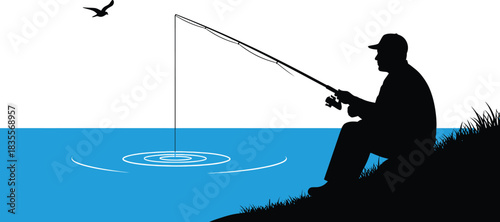 Serene silhouette of a fisherman enjoying a peaceful day casting his line into calm rippling blue water with a bird overhead isolated on white background