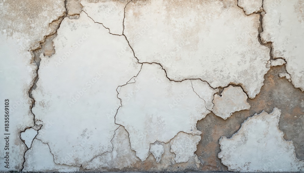 Fototapeta premium Cracked white paint on exterior concrete wall. Damaged surface with deep cracks and peeling paint. Old construction with moisture damage and stains.