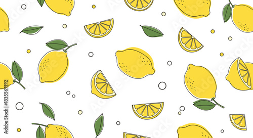 Refreshing seamless pattern of hand-drawn yellow lemons, citrus slices, and green leaves scattered on a white background for a fresh, summery vibe.