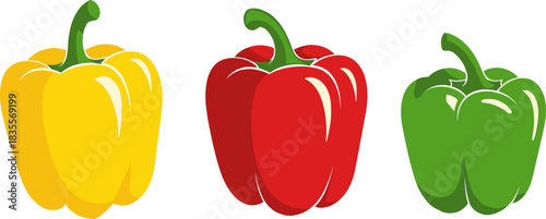 Illustration of yellow, red, and green bell peppers  