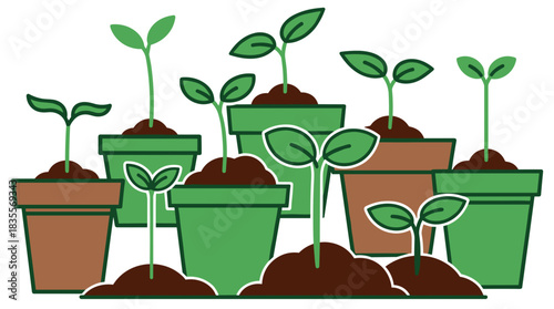 Illustration of potted plants with green leaves and soil on a white background