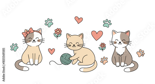 Group of three adorable cartoon cats surrounded by hearts, paw prints, and flowers, featuring one kitten playing with a ball of yarn for a cute design.