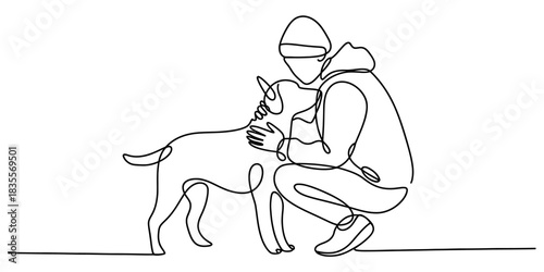 Continuous one line drawing of a person kneeling and petting a dog, representing the strong human-animal bond, companionship, and pet care. Vector, illustration