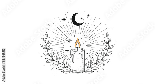 Mystical and esoteric illustration featuring a lit candle framed by a leafy wreath, with a crescent moon and stars above, perfect for magical themes.