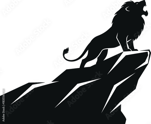 Majestic lion silhouette roaring from rocky cliff peak dominating landscape fierce power animal pride symbol majestic wild animal isolated on white background
