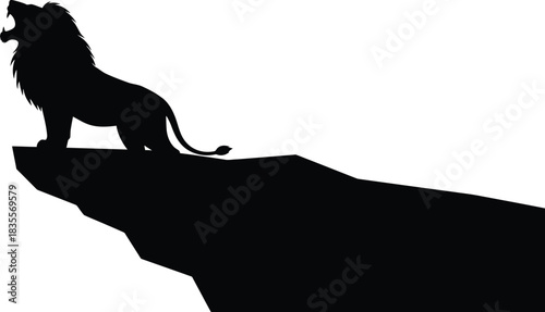Majestic silhouette of a roaring lion standing proudly on a rocky outcropping under a white sky isolated on white background