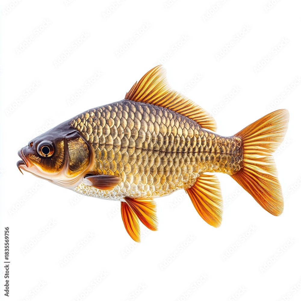 Naklejka premium Isolated gold fish pet aquarium swim water animal scales fins tail eye nature wildlife aquatic goldfish 100
