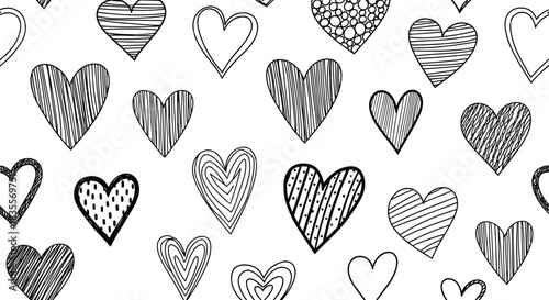 Charming seamless pattern of hand-drawn doodle hearts in black and white, each filled with unique textures like stripes, dots, and scribbles.