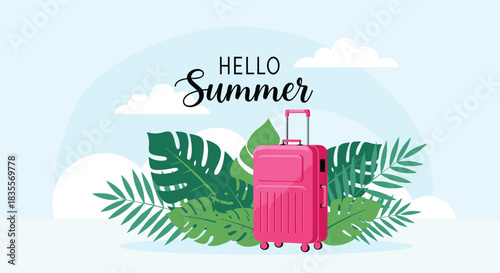 Inviting Hello Summer travel banner featuring a bright pink suitcase nestled among lush tropical monstera leaves against a serene blue sky backdrop.