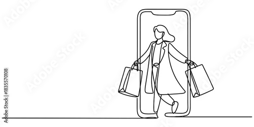 One continuous line drawing of a happy woman walking out from a smartphone holding multiple shopping bags, depicting online retail and delivery concept. Vector, illustration