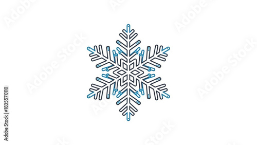 A stylized geometric snowflake design with intricate lines and a gradient of blue and dark blue hues isolated on a clean white background symbolizing winter