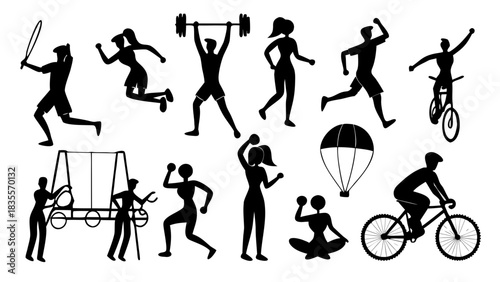 Silhouettes of people engaged in various sports and recreational activities in black and white style mjunaid