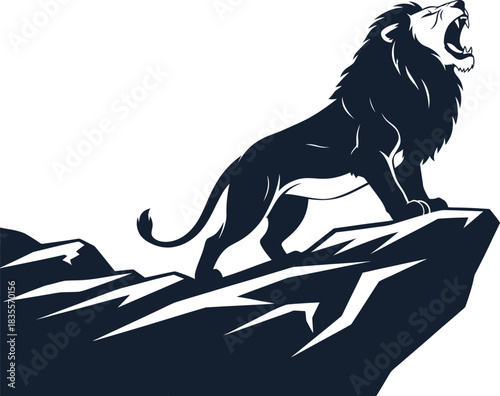 Majestic lion roaring from rocky cliff edge iconic symbol of strength and power wildlife art isolated on white background