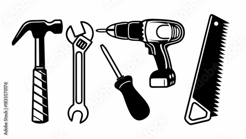 Illustration of various hand tools including a hammer wrench drill screwdriver and hand saw in black and white mjunaid silhouette