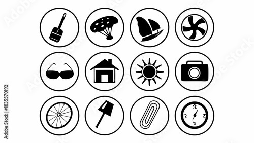 Collection of black and white icons in circles including travel, summer, and everyday life elements mjunaid silhouette