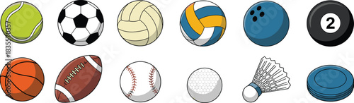 Cartoon sports equipment, ball icons, tennis, soccer, basketball, football, golf, baseball, volleyball, vector illustrations, colorful set