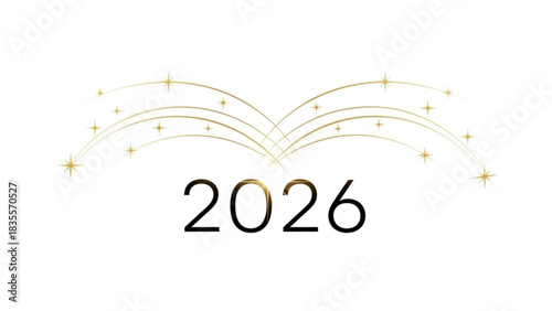 Elegant gold fireworks and stars celebrate the year 2026 with a modern luxurious feel on a clean white background