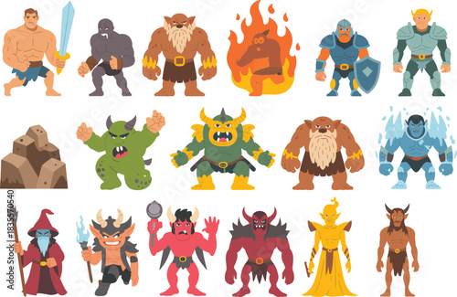 Fantasy character illustrations, warriors, monsters, demons, wizards, knights, elemental beings, cartoon style, RPG icons, mythical vector art
