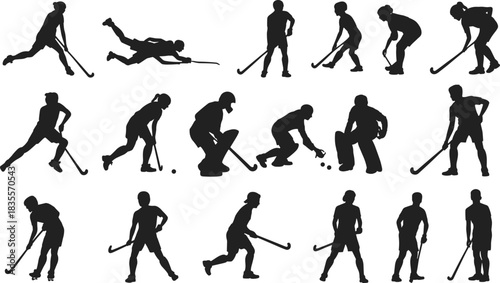 Field hockey silhouettes, player action poses, black vector icons, dynamic stances, sports illustration, cartoon athletes, stick and ball