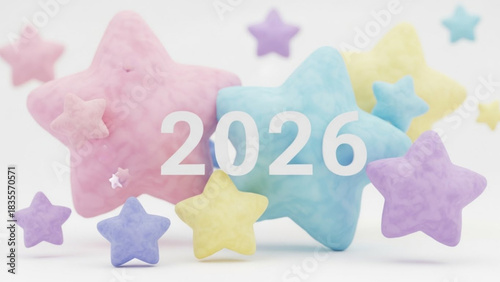 Soft pastel colored stars with the number 2026 in the center representing the upcoming new year celebration and future aspirations