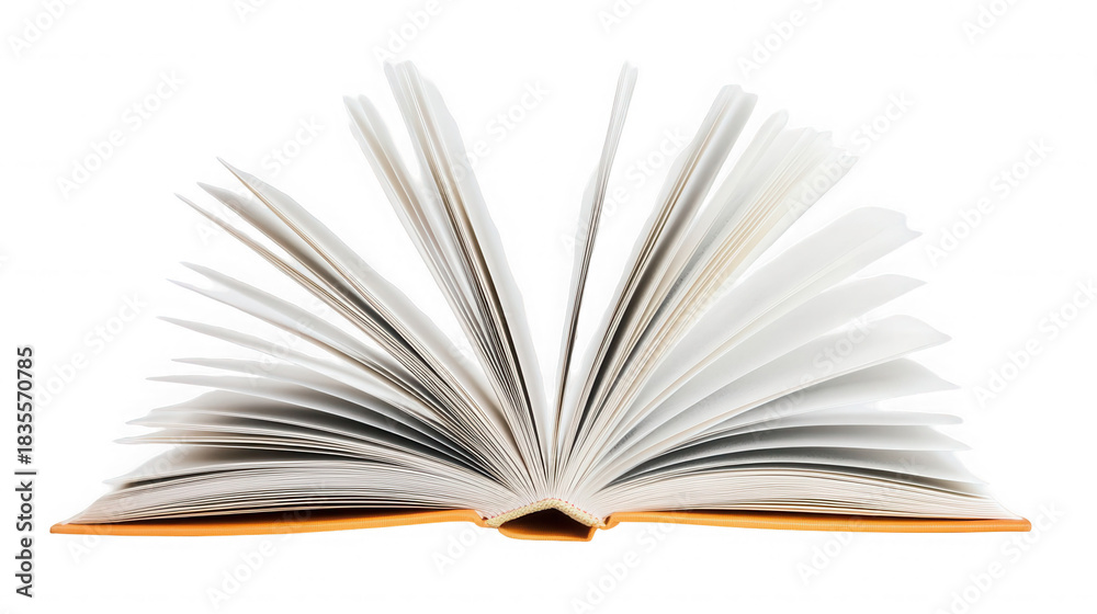 Fototapeta premium Open book with white pages and orange cover against a stark on transparent background