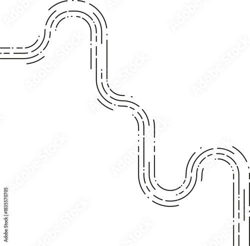 Element forms a curved direction trail defined by angled dashed segments guiding a fluid directional flow.