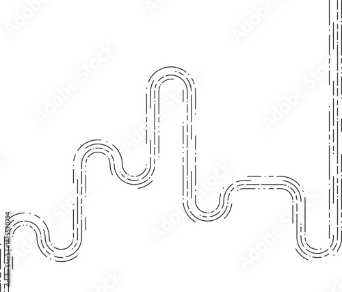 Element forms a flowing navigation track using flowing dashed segments arranged into an irregularly bending curve pattern.