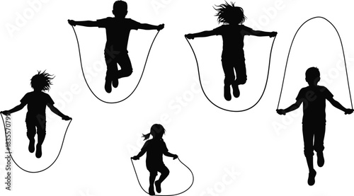 Active Children Silhouettes Jumping Rope in Various Dynamic Poses, Kids Playing and Exercising Outdoors for Childhood, Fitness, and Leisure Vector Graphic Design Isolated on White.