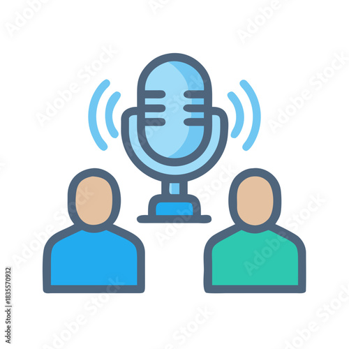 Podcast discussion with microphone, illustration of digital interview between two people
