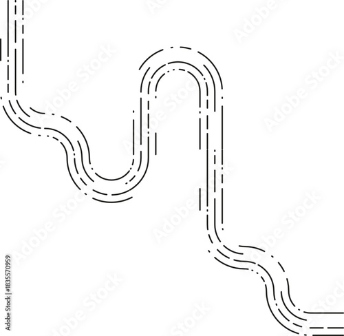 Element expresses a sequential dashed movement path defined by ordered irregular curves and steady flowing transitions.