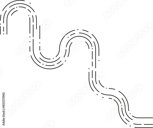 Element conveys a smooth direction flow path defined by evenly shifting dashed segments forming an irregular curving line.