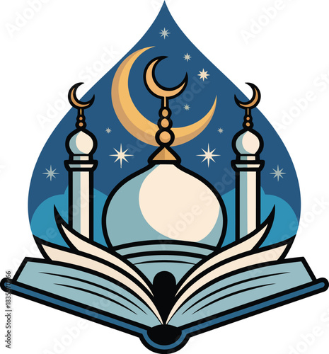 Islamic mosque, crescent moon, and stars on an open holy book