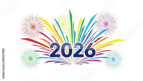 Colorful 2026 fireworks exploding with vibrant bursts celebrating the new year perfect for festive invitations and event promotions