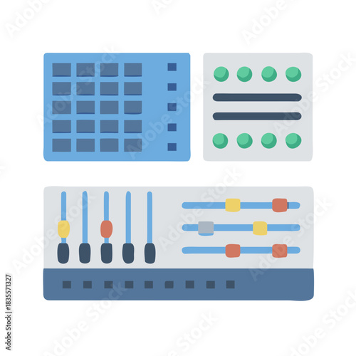 Stylized vector illustration of audio mixing console and beat machine for music production