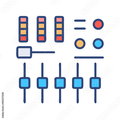 Stylized digital audio mixer illustration with vibrant colors and simple design