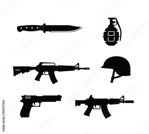 A comprehensive set of weapon and military gear silhouettes, perfect for illustrating themes of defense, security, armed forces, or war. Includes firearms, knife, grenade, and helmet.