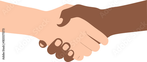 Symbol of unity and diversity two hands of different skin tones shaking in agreement and partnership isolated on white background