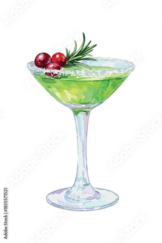 Green Christmas Martini with cranberry - vector watercolor cocktail illustration