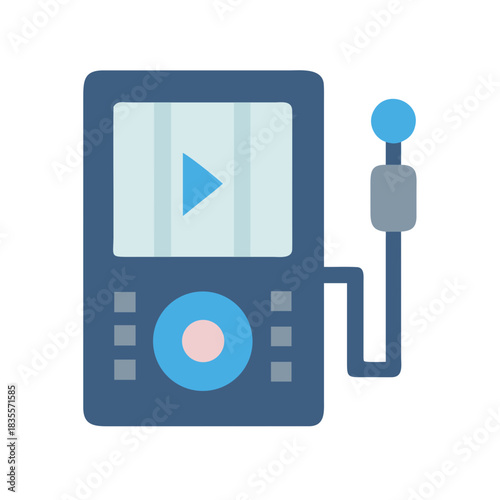 Simple flat illustration of an old blue MP3 player with headphones