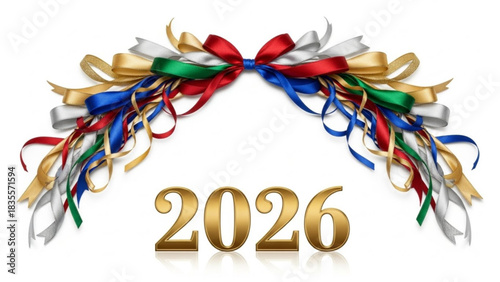 Golden 2026 numbers adorned with a festive arch of colorful satin ribbons in red blue green gold and silver on a clean white background symbolizing celebration and new beginnings