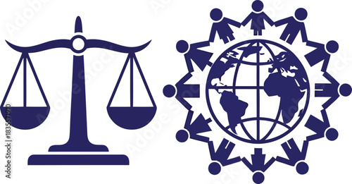 Symbolic representation of global justice and human rights with scales of justice and world globe surrounded by people silhouettes isolated on white background