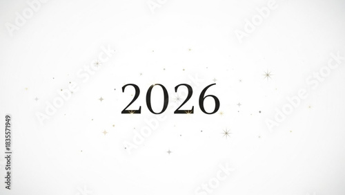 Elegant 2026 year number with subtle sparkling confetti and stars on a clean white background symbolizing celebration and future prospects