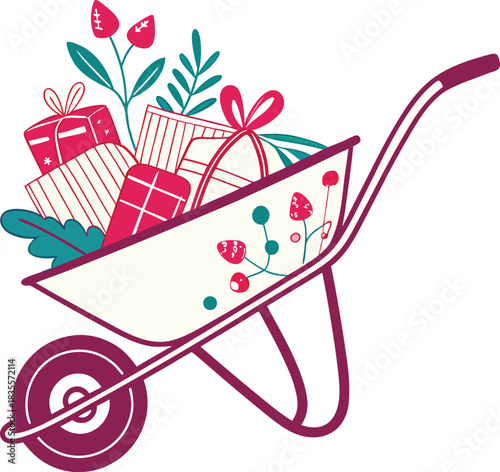Christmas Wheelbarrow Silhouette Vector.