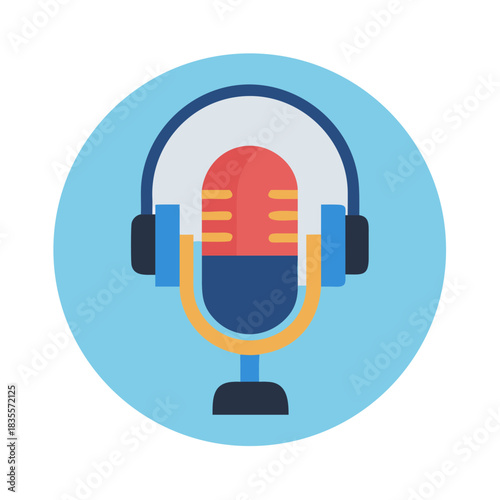 Podcast Recording Equipment Illustration in a Circular Frame with a Clear Background