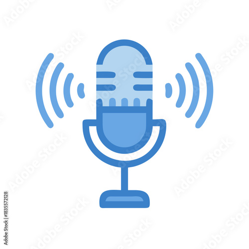Illustration of a blue microphone with sound waves on a black background