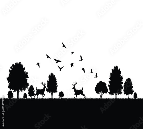 Silhouette of running deer, trees, and flying birds in a pristine natural landscape