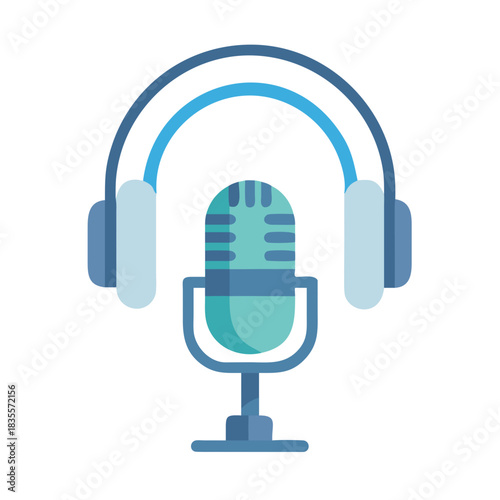 Podcast setup with microphone and headphones isolated on black background