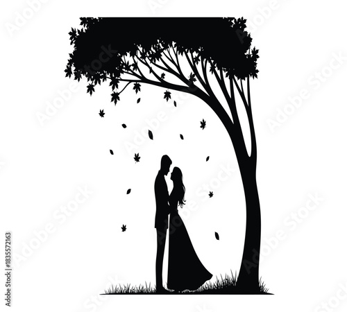 Black silhouette illustration of a loving couple embracing under a tree with autumn leaves falling around them. Ideal for romance, wedding, or nature themes. Vector artwork.