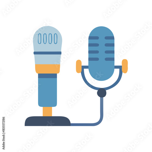 Two retro style microphones with stand on black background graphic representation