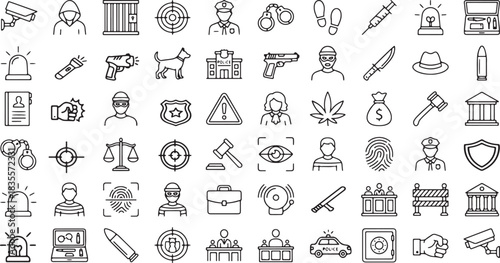 Collection of line art icons representing various concepts related to crime, law enforcement, and justice system